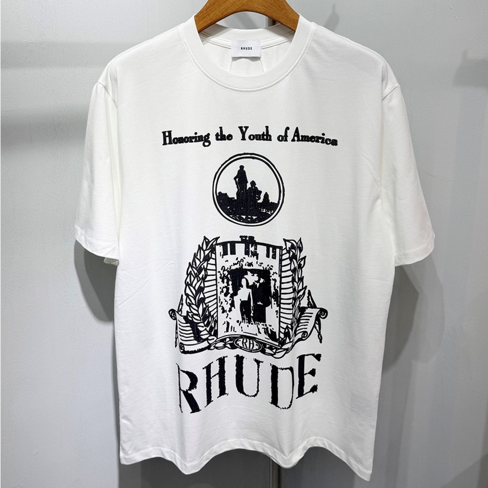 Rhude White T‑Shirt with Black Crest Graphic